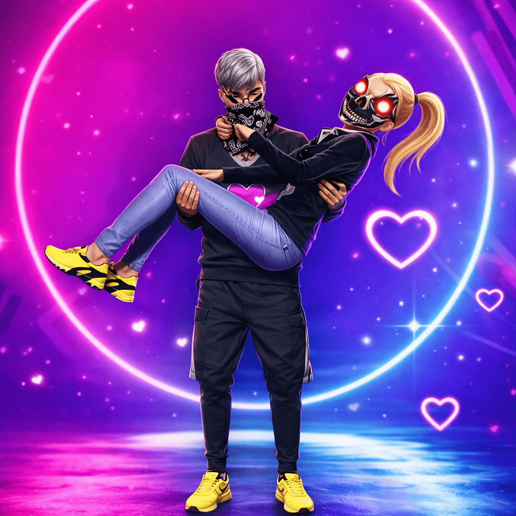 Two people inside a purple circle surrounded by hearts